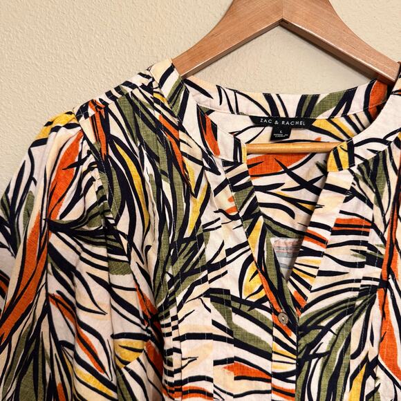 Zac & Rachel Linen Blend Tropical Print Button Front Blouse Large Boxy Casual - Picture 3 of 10